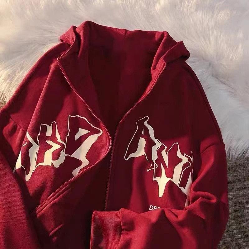 Letter Print Zip Up Hoodies Women Casual Streetwear Loose Hooded-Maas