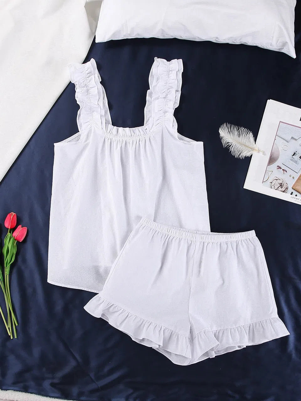 Linad Square Neck Women's Nightwear White Frilled Pijama Set Woman 2 Pieces 100% Cotton Home Suit Sleeveless Loose Pajamas Women-Maas