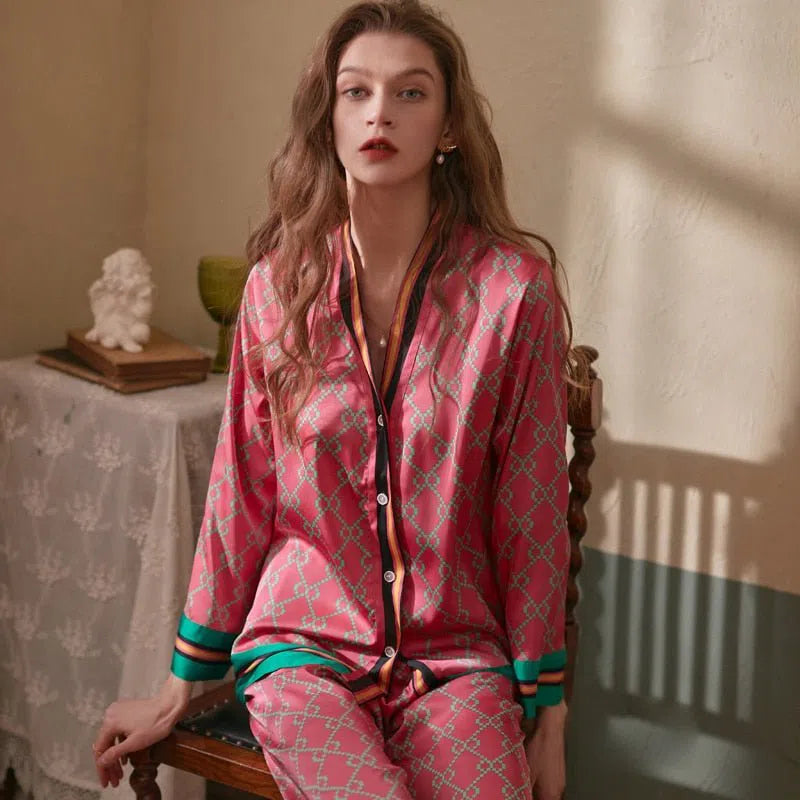 Lisacmvpnel 2022 Spring New Style Long Sleeved Women Pajamas Set Ice Silk Printed Fashion Pyjamas-Maas