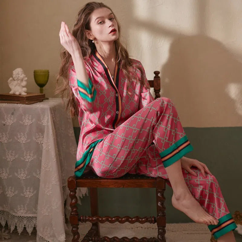 Lisacmvpnel 2022 Spring New Style Long Sleeved Women Pajamas Set Ice Silk Printed Fashion Pyjamas-Maas