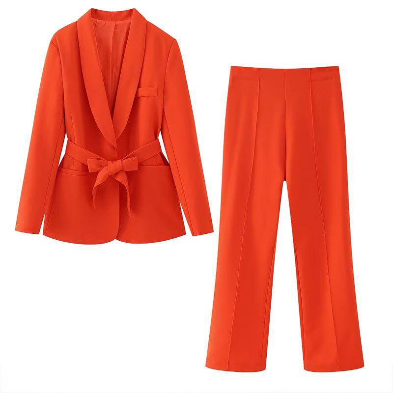 Long Pant Set Women's V-Neck Blazer Suits Chic Outfit-Maas