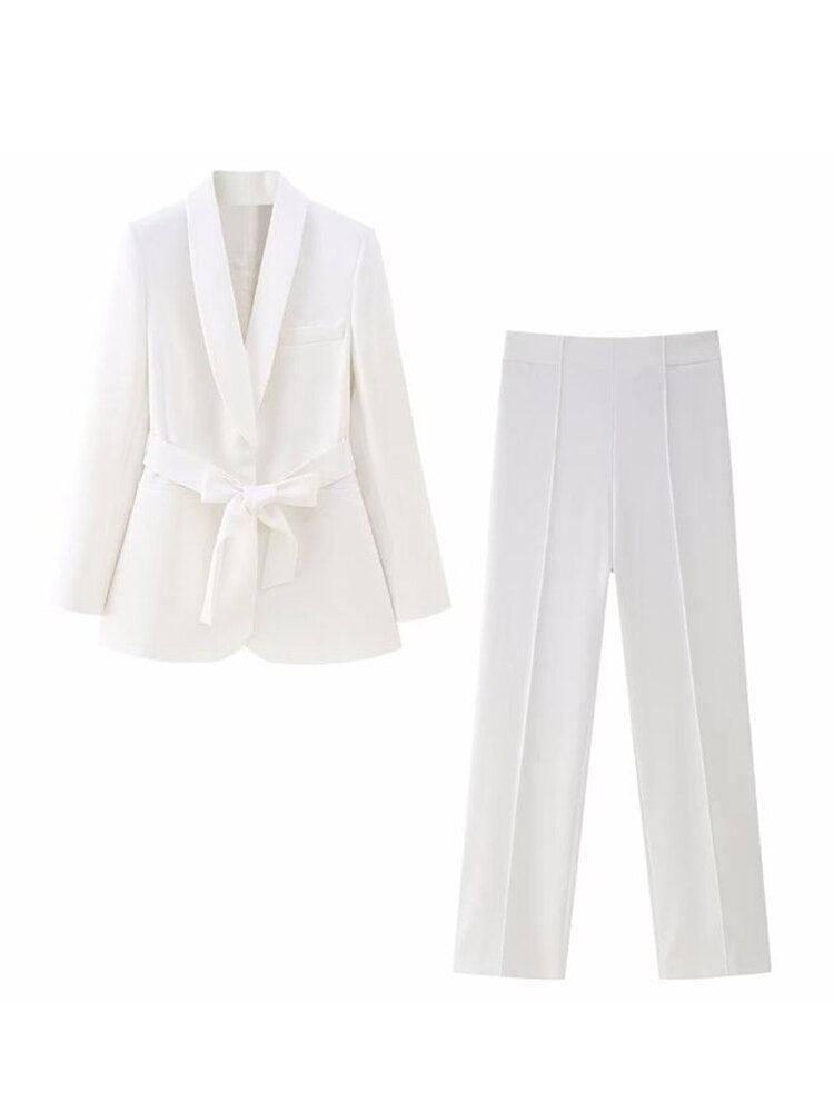 Long Pant Set Women's V-Neck Blazer Suits Chic Outfit-Maas