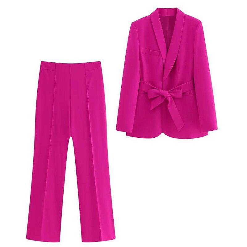 Long Pant Set Women's V-Neck Blazer Suits Chic Outfit-Maas