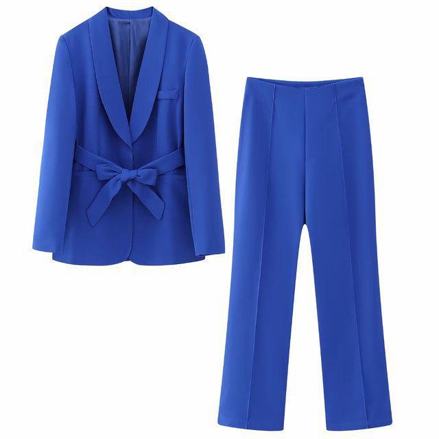 Long Pant Set Women's V-Neck Blazer Suits Chic Outfit-Maas