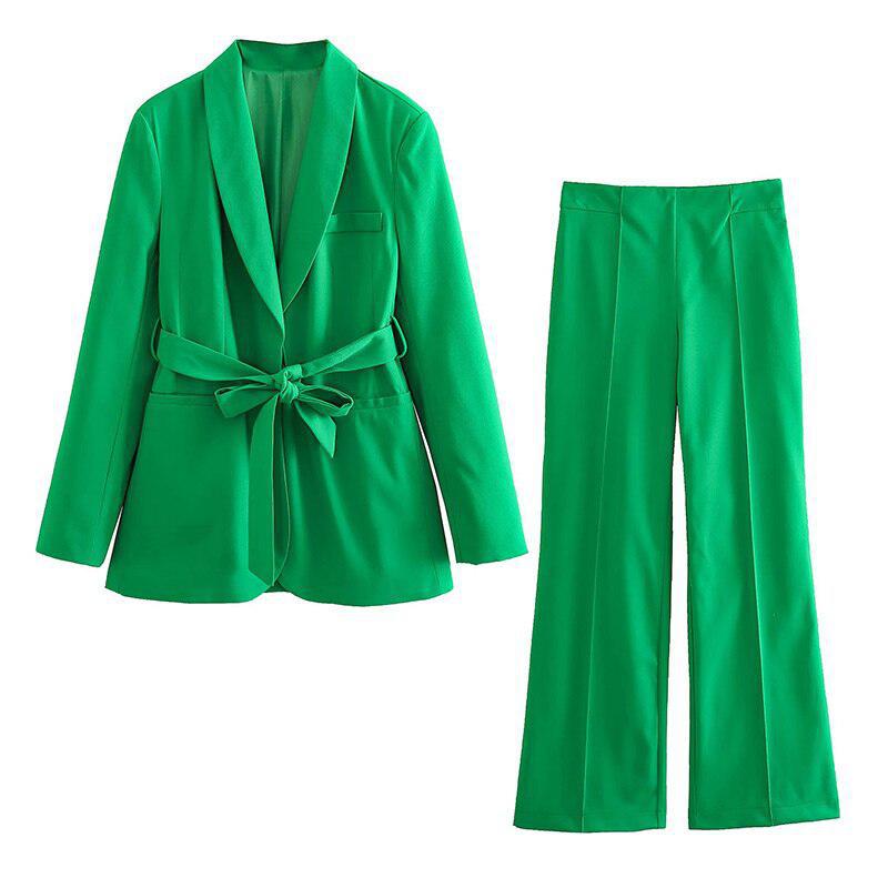 Long Pant Set Women's V-Neck Blazer Suits Chic Outfit-Maas