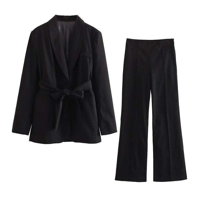 Long Pant Set Women's V-Neck Blazer Suits Chic Outfit-Maas