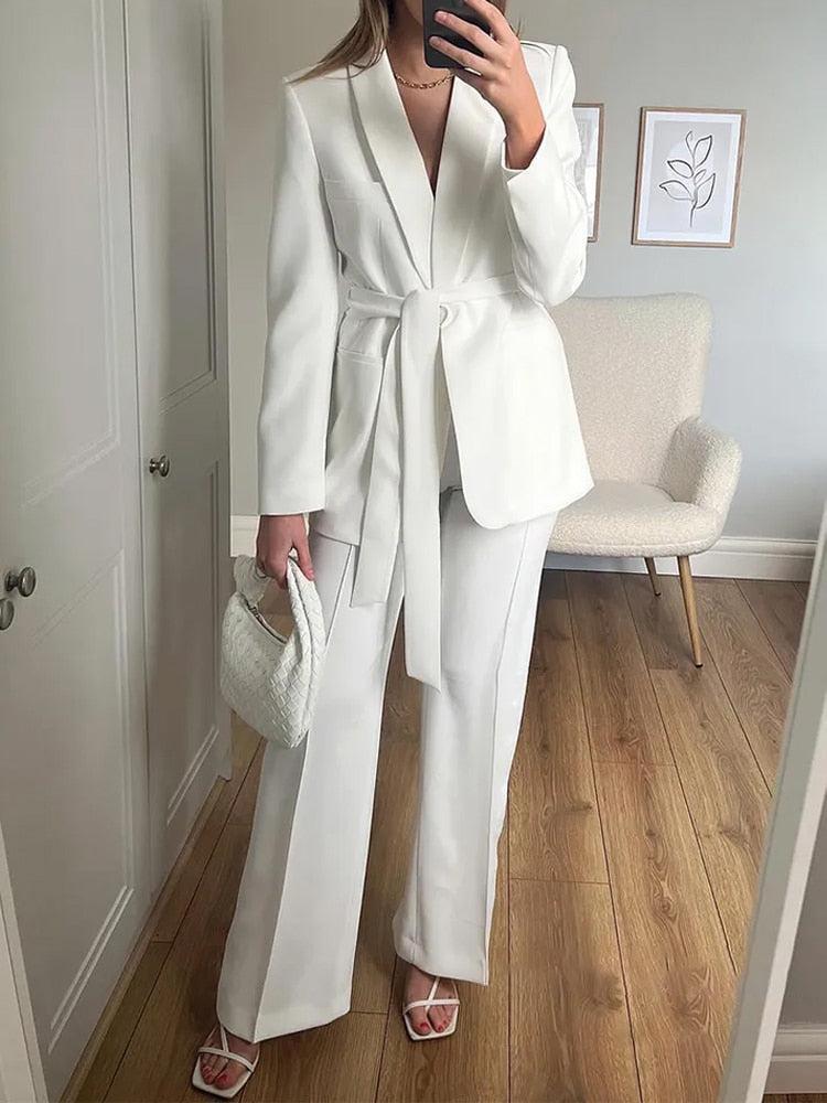 Long Pant Set Women's V-Neck Blazer Suits Chic Outfit-Maas