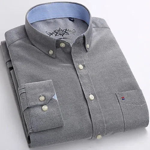 Men's Long Sleeve Solid Oxford Shirt Single Patch Pocket-Maas