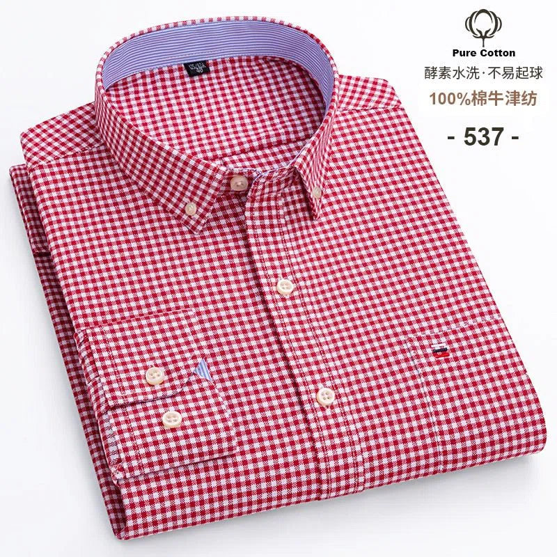 Men's Shirt Long Sleeve Cotton Oxford Soft Buttoned Plaid Formal-Maas