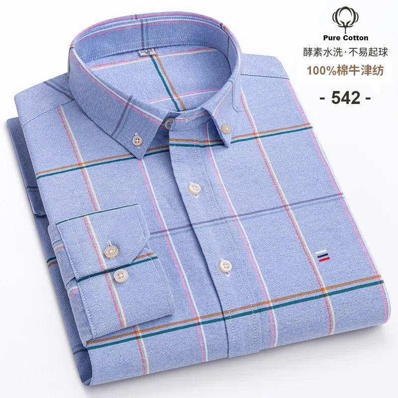 Men's Shirt Long Sleeve Cotton Oxford Soft Buttoned Plaid Formal-Maas