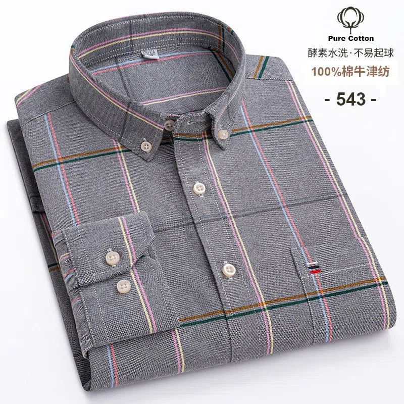 Men's Shirt Long Sleeve Cotton Oxford Soft Buttoned Plaid Formal-Maas