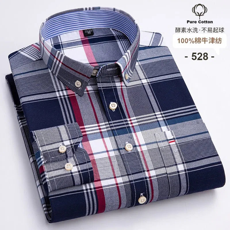 Men's Shirt Long Sleeve Cotton Oxford Soft Buttoned Plaid Formal-Maas