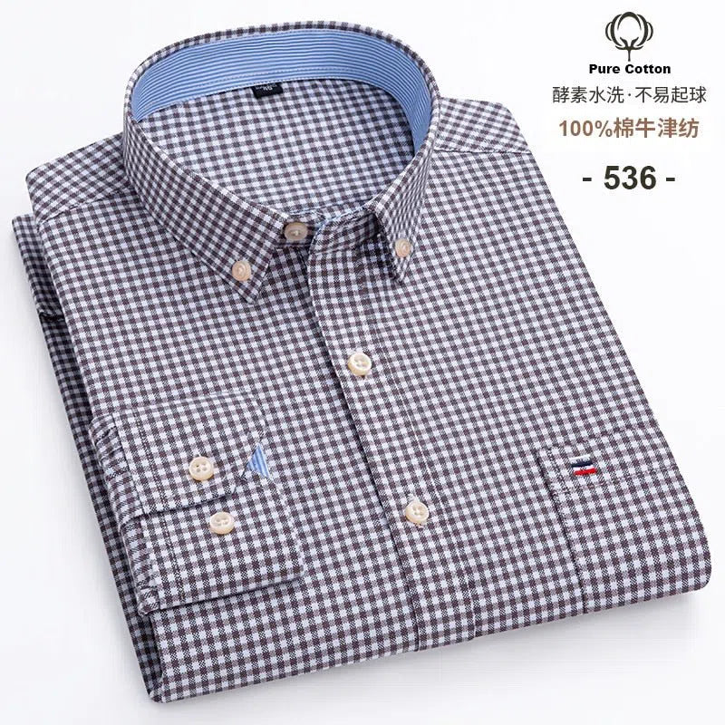 Men's Shirt Long Sleeve Cotton Oxford Soft Buttoned Plaid Formal-Maas