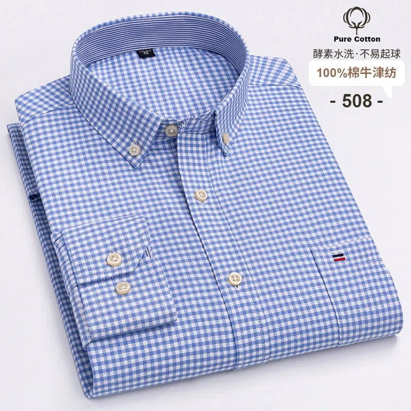 Men's Shirt Long Sleeve Cotton Oxford Soft Buttoned Plaid Formal-Maas