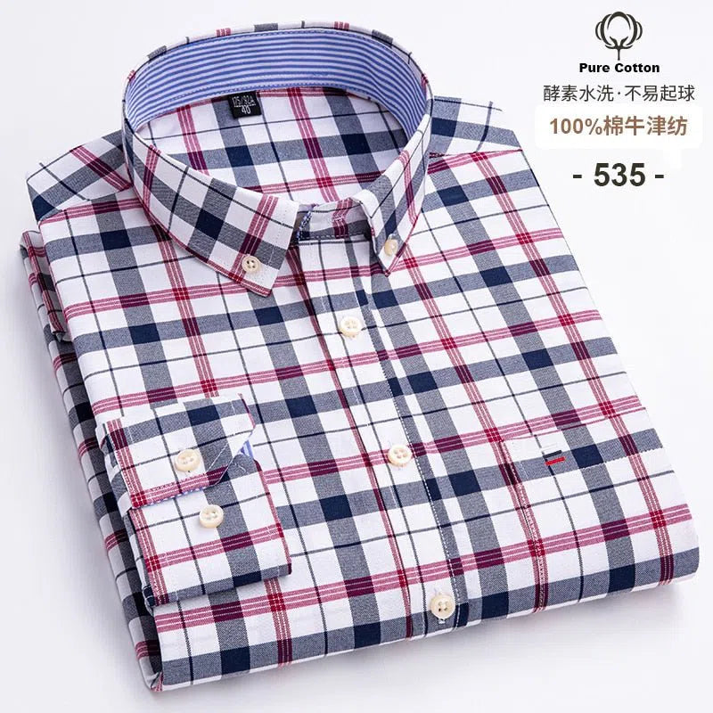 Men's Shirt Long Sleeve Cotton Oxford Soft Buttoned Plaid Formal-Maas