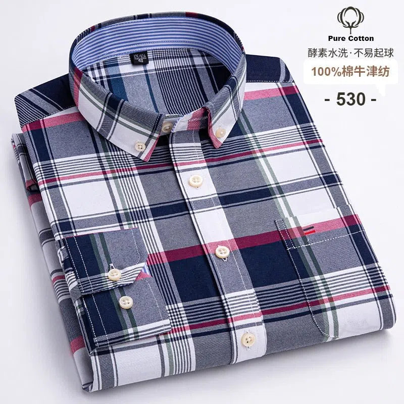 Men's Shirt Long Sleeve Cotton Oxford Soft Buttoned Plaid Formal-Maas