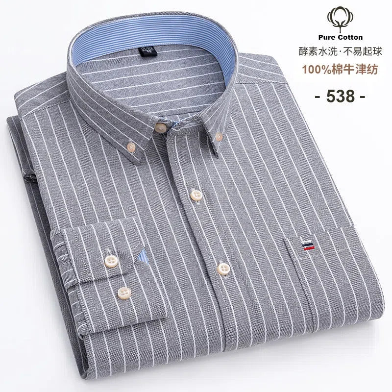 Men's Shirt Long Sleeve Cotton Oxford Soft Buttoned Plaid Formal-Maas