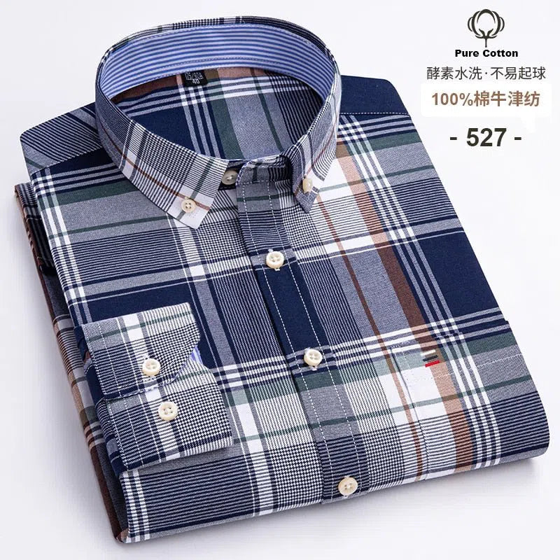 Men's Shirt Long Sleeve Cotton Oxford Soft Buttoned Plaid Formal-Maas