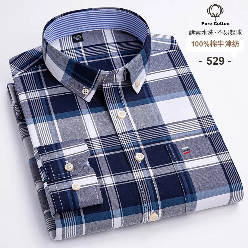 Men's Shirt Long Sleeve Cotton Oxford Soft Buttoned Plaid Formal-Maas