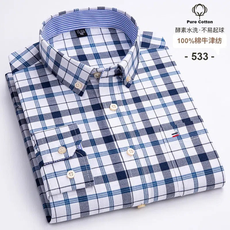 Men's Shirt Long Sleeve Cotton Oxford Soft Buttoned Plaid Formal-Maas