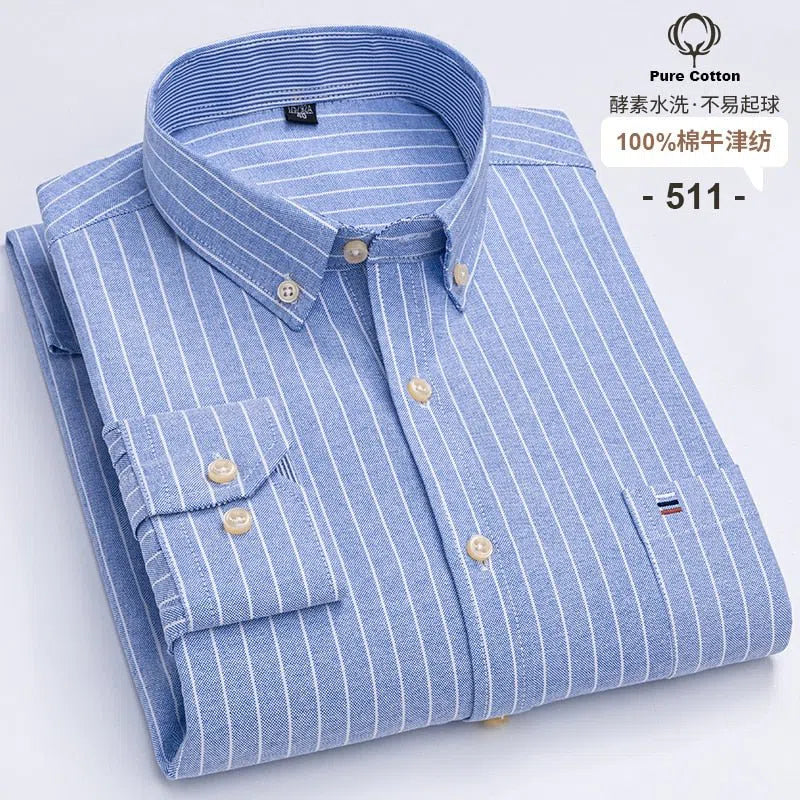 Men's Shirt Long Sleeve Cotton Oxford Soft Buttoned Plaid Formal-Maas