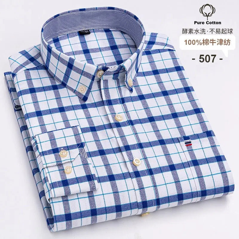 Men's Shirt Long Sleeve Cotton Oxford Soft Buttoned Plaid Formal-Maas