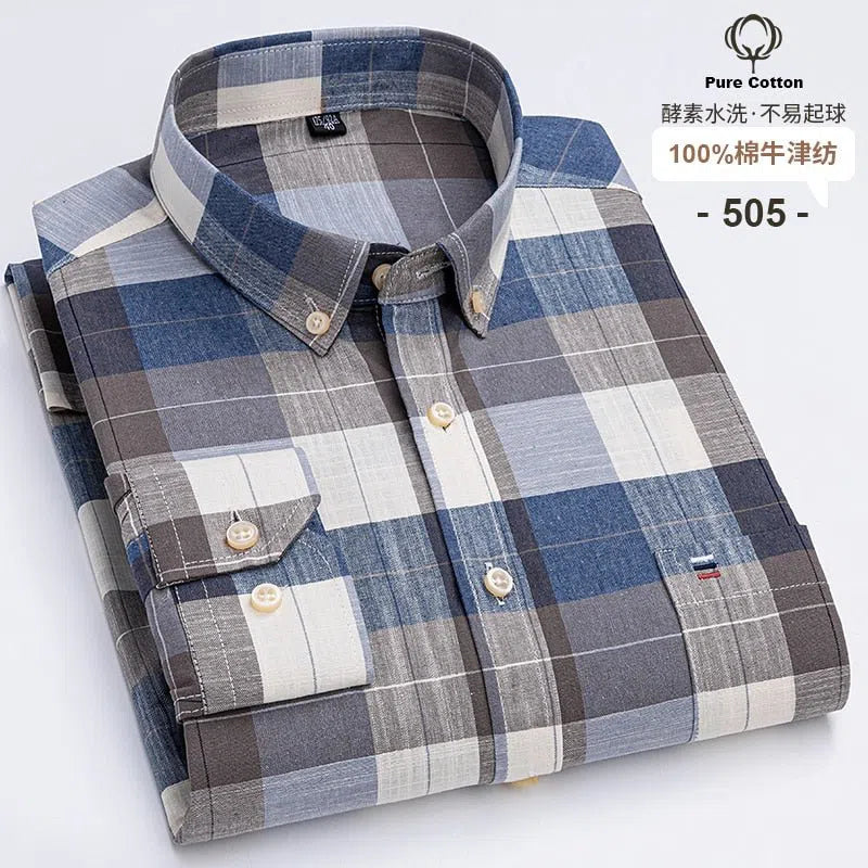 Men's Shirt Long Sleeve Cotton Oxford Soft Buttoned Plaid Formal-Maas