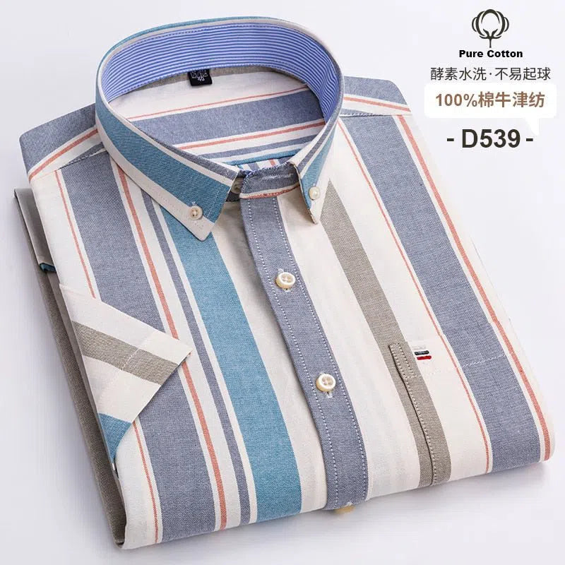 Men's Short Sleeve Plaid Shirt Striped Business Casual-Maas