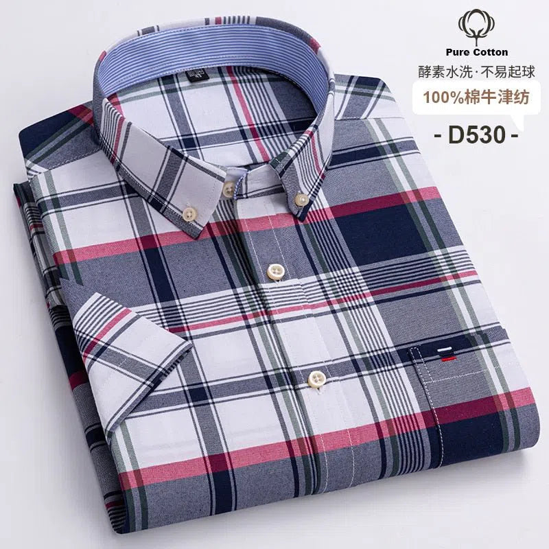 Men's Short Sleeve Plaid Shirt Striped Business Casual-Maas