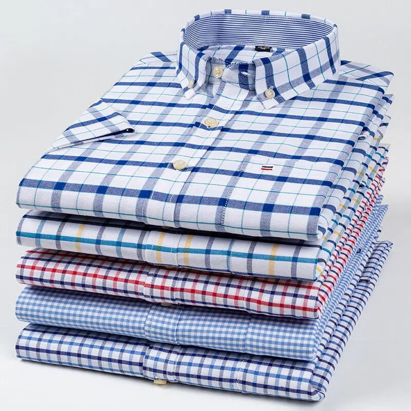 Men's Short Sleeve Plaid Shirt Striped Business Casual-Maas