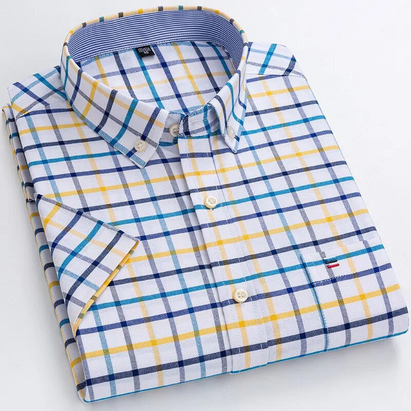 Men's Short Sleeve Plaid Shirt Striped Business Casual-Maas