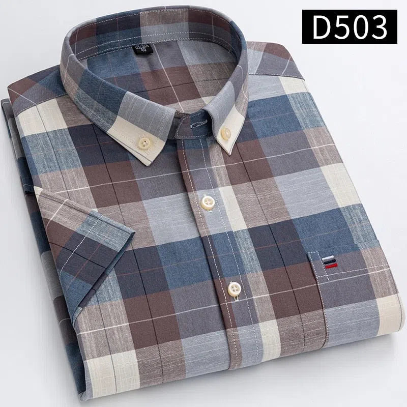 Men's Short Sleeve Plaid Shirt Striped Business Casual-Maas