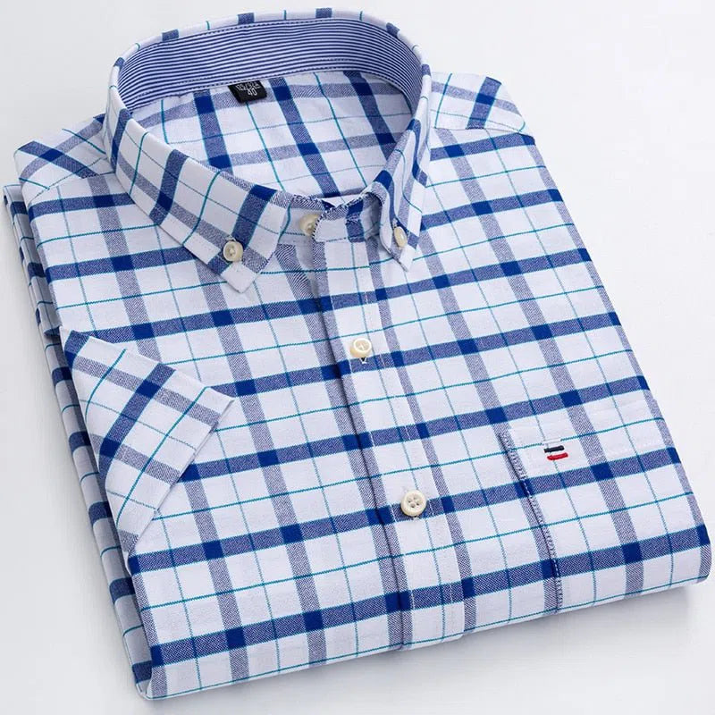 Men's Short Sleeve Plaid Shirt Striped Business Casual-Maas