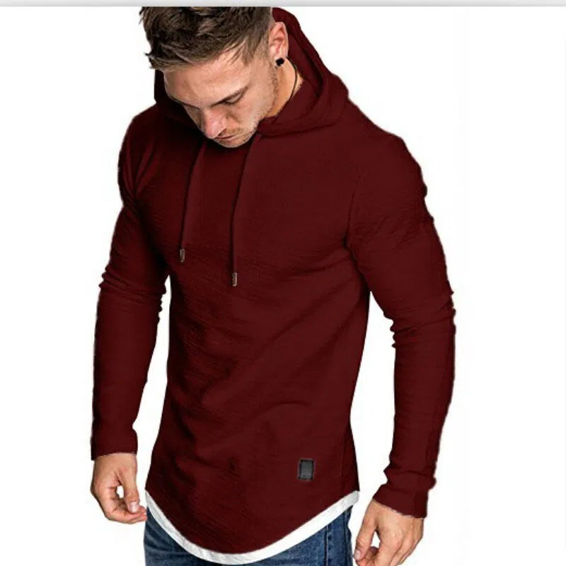 Men's Solid Color Hooded Casual Sports Long-Sleeved T-Shirt Pullover-Maas