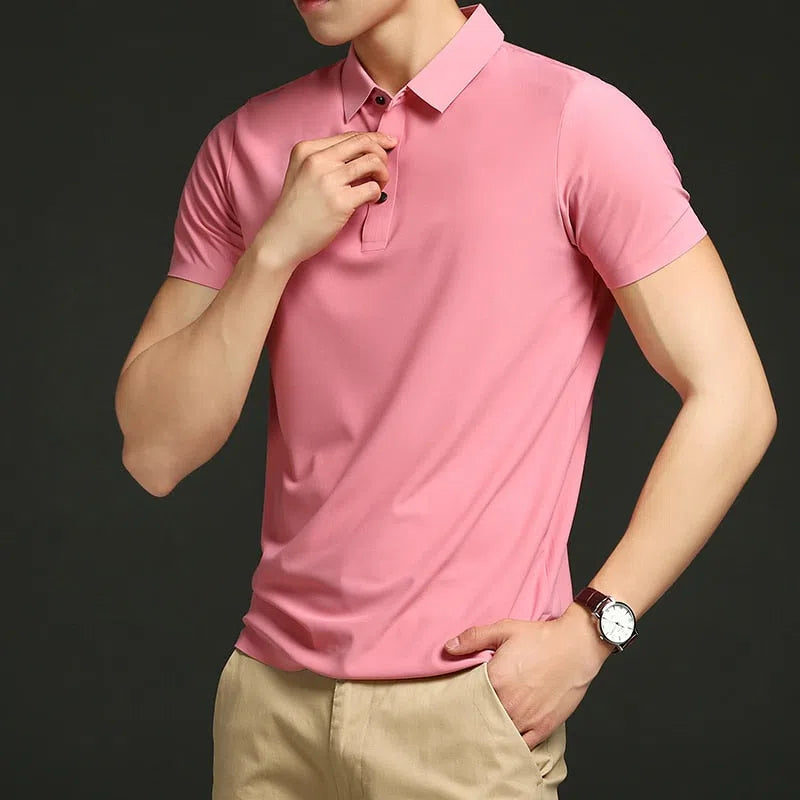 Men's Solid Color Ice Silk Loose Short Sleeves Shirt Polo-Maas