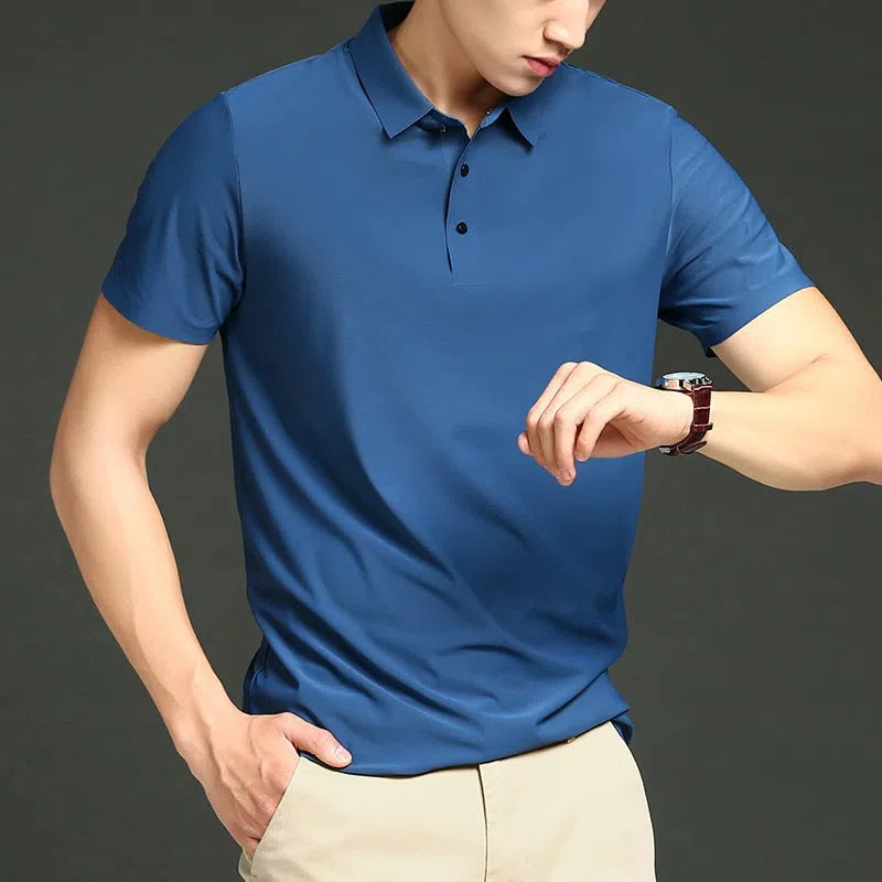 Men's Solid Color Ice Silk Loose Short Sleeves Shirt Polo-Maas