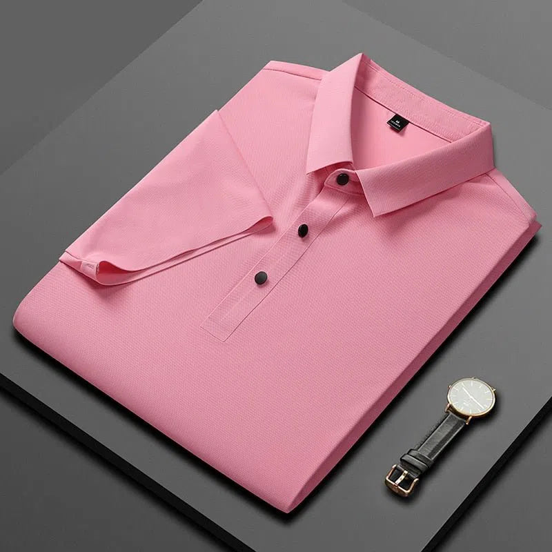 Men's Solid Color Ice Silk Loose Short Sleeves Shirt Polo-Maas