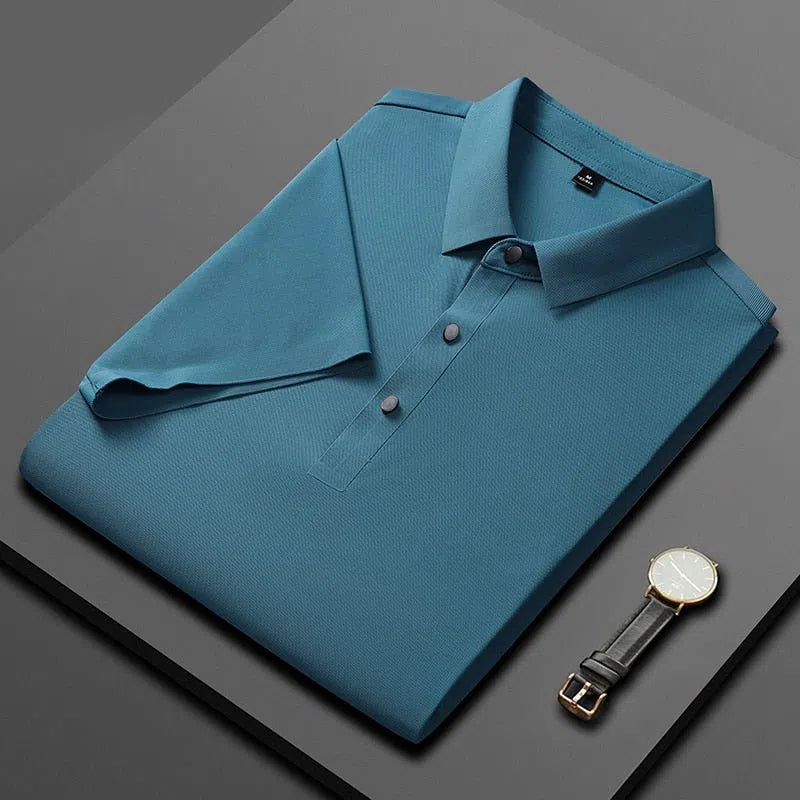 Men's Solid Color Ice Silk Loose Short Sleeves Shirt Polo-Maas