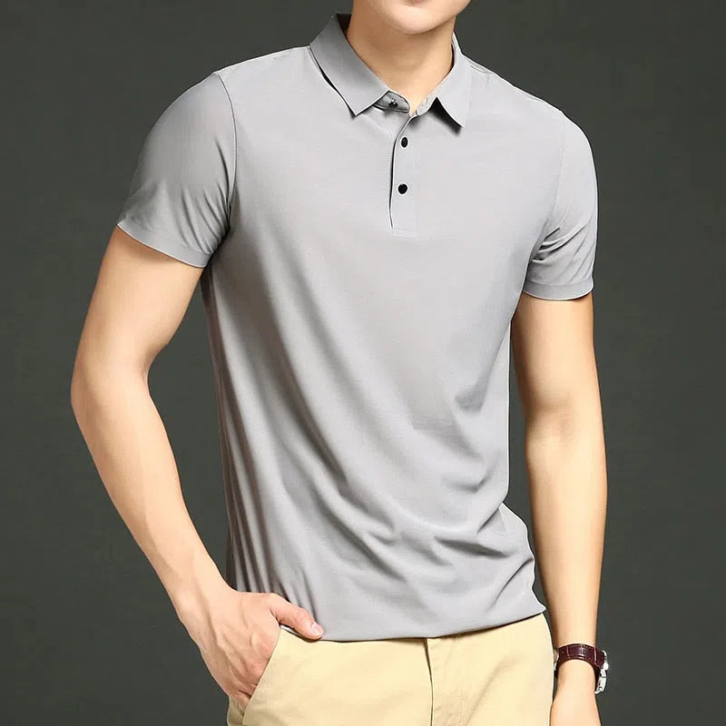 Men's Solid Color Ice Silk Loose Short Sleeves Shirt Polo-Maas