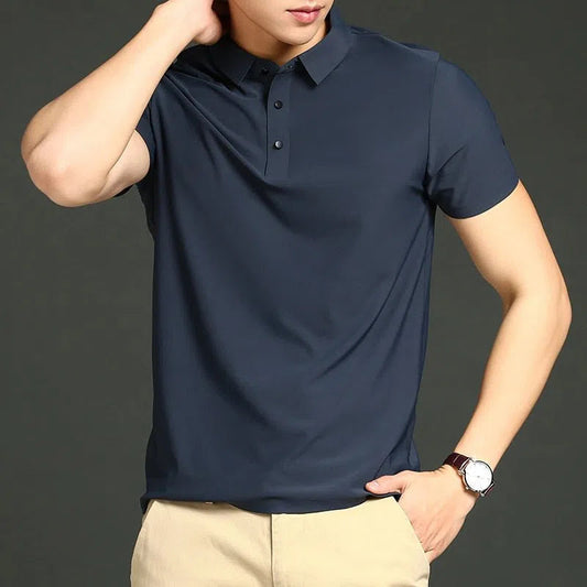 Men's Solid Color Ice Silk Loose Short Sleeves Shirt Polo-Maas