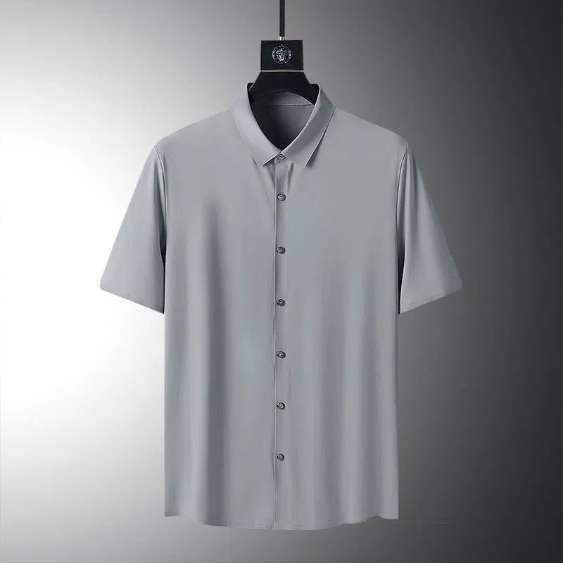 Men's Solid Color Short Sleeves Shirt Elastic Casual Black White Silk-Maas