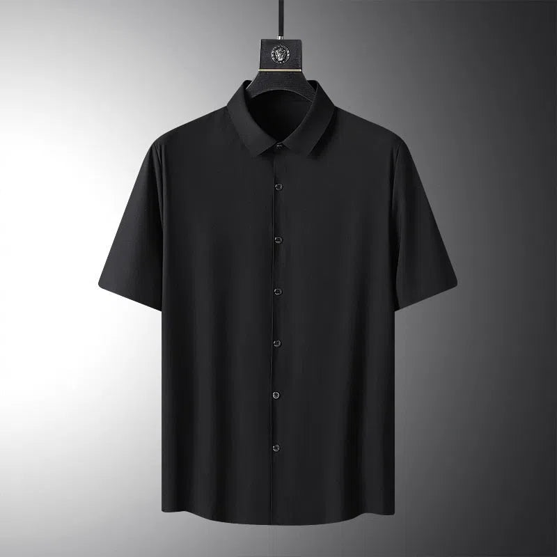 Men's Solid Color Short Sleeves Shirt Elastic Casual Black White Silk-Maas