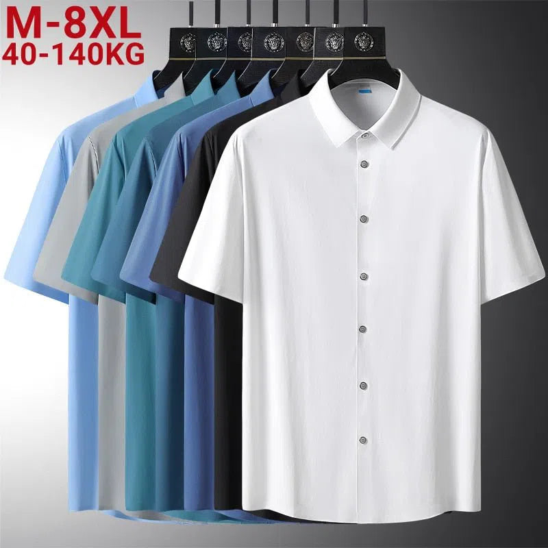 Men's Solid Color Short Sleeves Shirt Elastic Casual Black White Silk-Maas