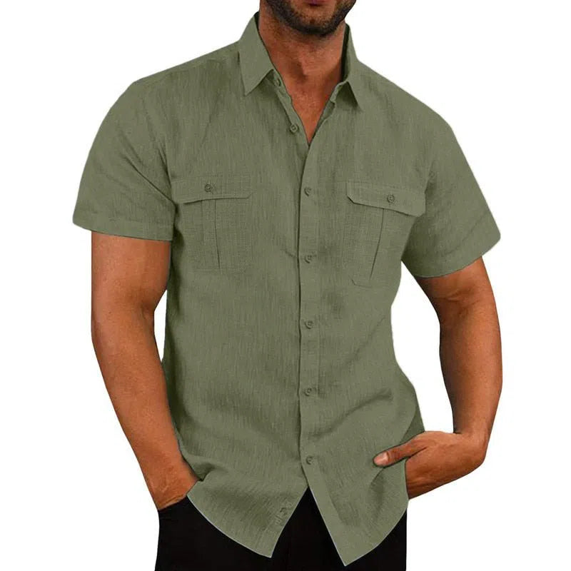 Men's Summer Cotton Linen Casual Shirts Short Sleeves-Maas