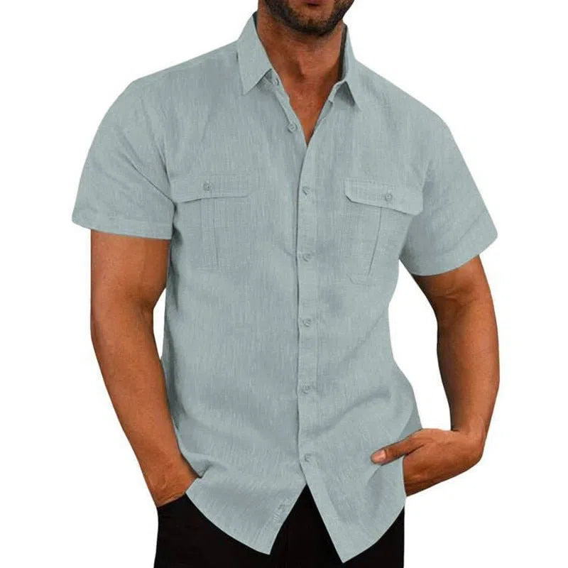 Men's Summer Cotton Linen Casual Shirts Short Sleeves-Maas