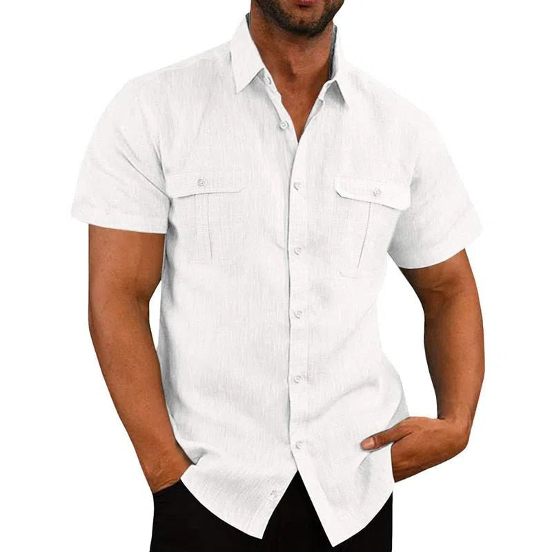 Men's Summer Cotton Linen Casual Shirts Short Sleeves-Maas