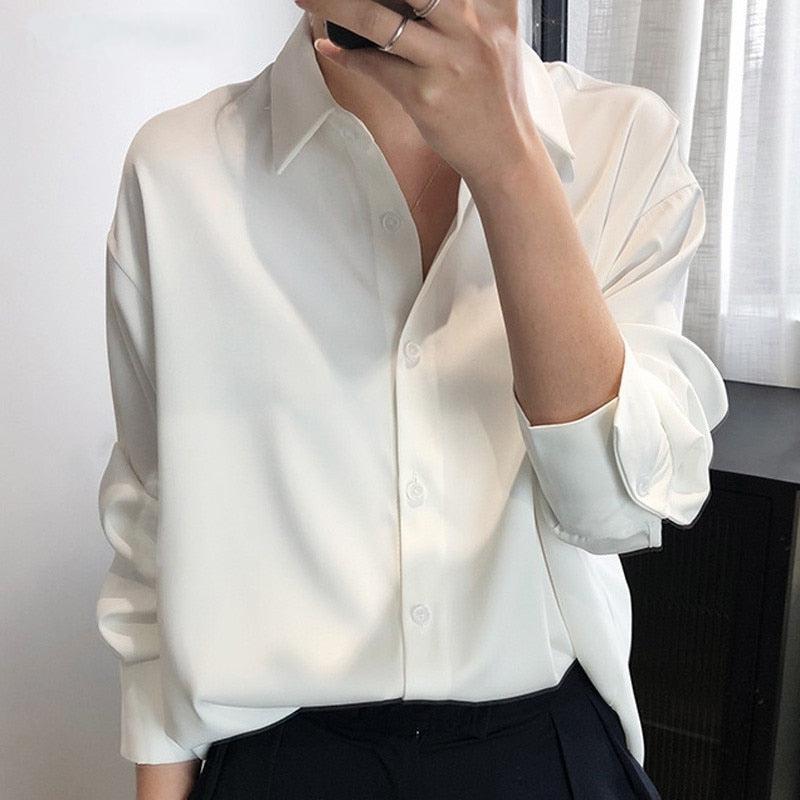 New Chic Women Satin Blouse Shirts Long Sleeve Elegant Office Ladies Workwear-Maas