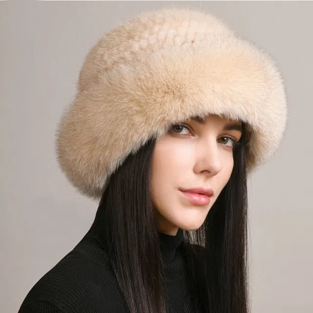 New Genuine Real Natural Knitted Mink Fur Hat Cap Luxury Women Handmade Knit Fashion Winter Headwear Warm Real Fox Fur Beanies-Maas