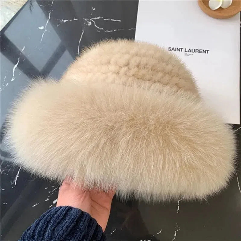 New Genuine Real Natural Knitted Mink Fur Hat Cap Luxury Women Handmade Knit Fashion Winter Headwear Warm Real Fox Fur Beanies-Maas