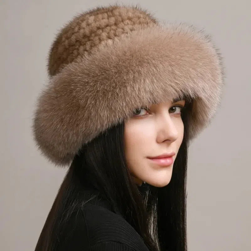 New Genuine Real Natural Knitted Mink Fur Hat Cap Luxury Women Handmade Knit Fashion Winter Headwear Warm Real Fox Fur Beanies-Maas